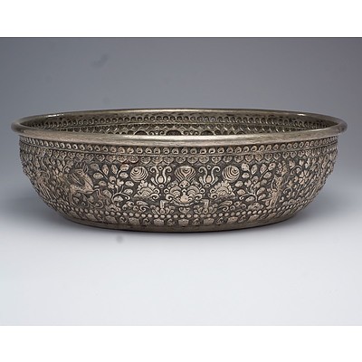 Large Early Balinese Silvered Brass Offering Bowl Heavily Repousse Decorated with Animist Icons