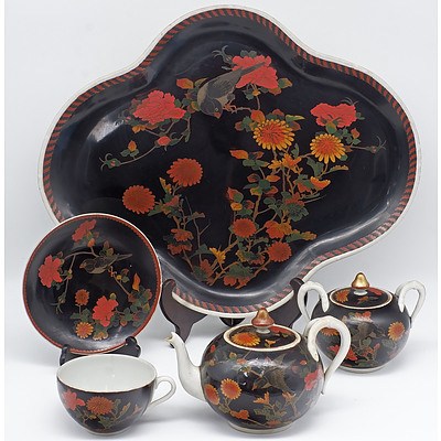 Rare Japanese Cloisonne Enamel on Porcelain Bachelor's Tea Set, Seto Ware, Meiji Period 1868-1912