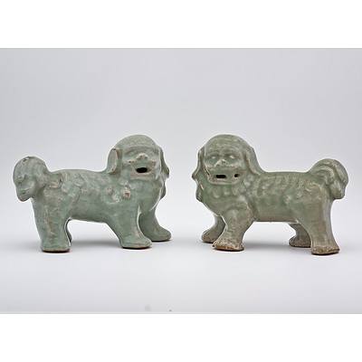 Rare Pair of Chinese Longquan Celadon Buddhist Lions, Ming Dynasty