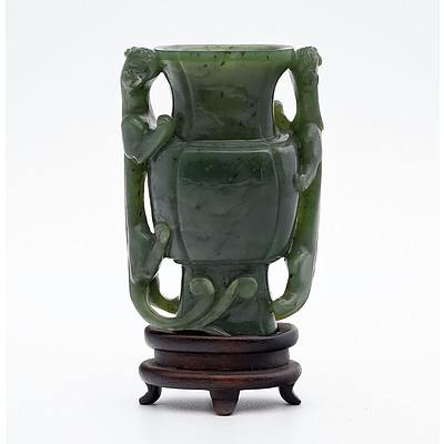 Fine Chinese Spinach Green Jade Miniature Vase with Chilong Handles on Rosewood Stand, Late Qing Dynasty