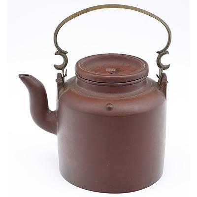 Chinese Yixing Pottery Kettle Shape Large Teapot with Cast Brass Bail Handle