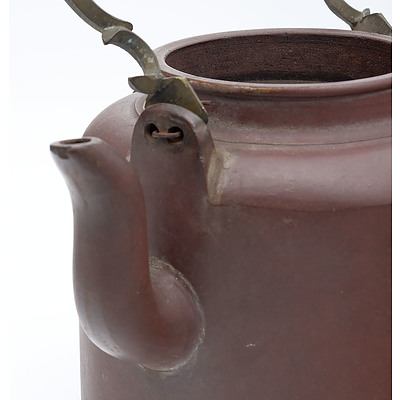 Chinese Yixing Pottery Kettle Shape Large Teapot with Cast Brass Bail Handle