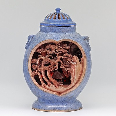 Wonderful Japanese Awaji Pottery Reticulated and Modelled Candle Lamp Vase and Cover, Early 20th Century