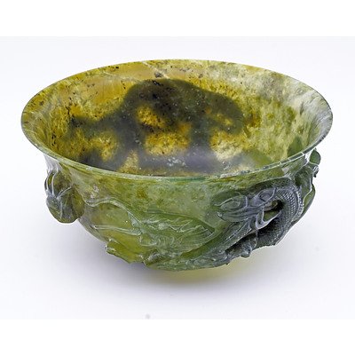 Large Chinese Carved Translucent Serpentine Dragon Bowl, 20th Century