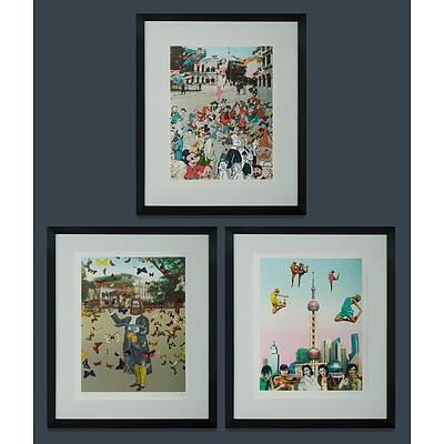 BLAKE Peter (British b.1932) 'The Far East Suite 2013: Dancing Over Shanghai; The Convention of Comic Book Characters Comes to Hong Kong; The Butterfly Man at Raffles Hotel' (3) S/Print Editions 39/100