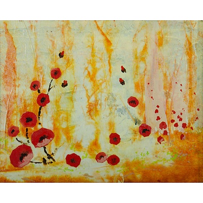 TAYLOR Michael John (b.1939) Two Small Works, 'Cattle Grazing' Oil on Board & 'Poppies' Mixed Media