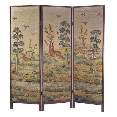 20th Century Screen with Deer Hunt Triptych Tapestry