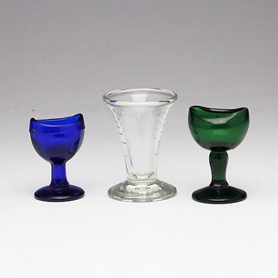Green Glass Eye Bath; Blue Glass Eye Bath and Clear Glass Medicine Measure