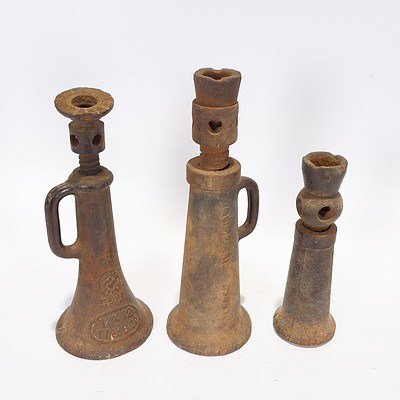 3 Cast Iron Bottle Jacks, 5 Ton - Youngs Birmingham; 3 Ton Vulcan Brand; and 3 Ton Mathieson, Glasgow