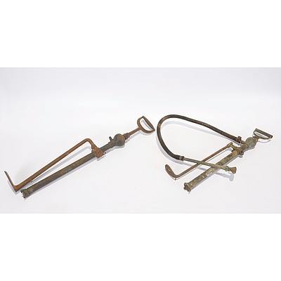 Two Brass Stirrup Firefighting Pumps. Rega Model D and 'Success' By Deming Co, Salem Ohio