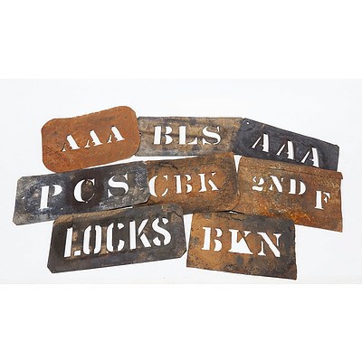 8 Wool Bale Stencils - LOCKS; BKN; PCS; CBK; 2nd F; AAA; AAA (cut out of old Shell kerosene tin); BLS