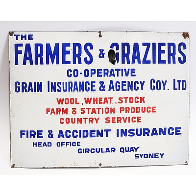 Farmers & Graziers Cooperative Grain insurance & Agency Coy. Ltd Enamelled Sign