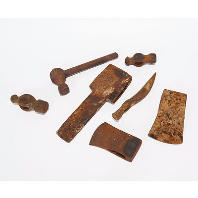 Mortice Axe Head; Miner's Pick Head; 2 X Hand Axe Heads Including Sater Banko, Made in Sweden; 3 X Ball Pein Hammer Heads