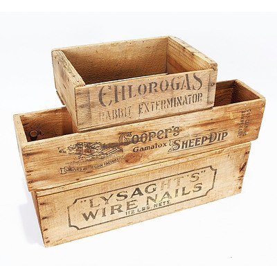 3 Wooden Boxes - Chlorogas Rabbit Exterminator; Lysaghts Wire Nails; and Coopers Gamatox Sheep Dip