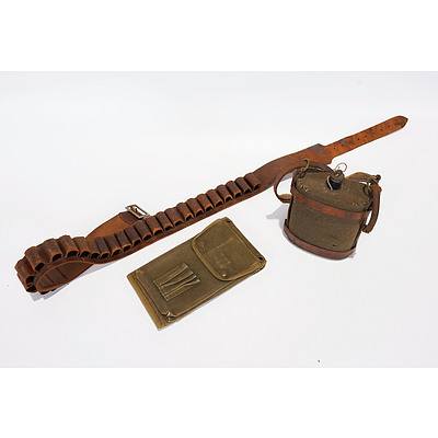 WWI Enamelled Water Bottle, WWII Map Case, and Leather Cartridge Belt