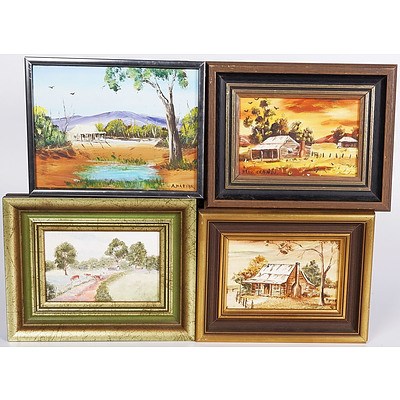 4 X Small Oil Paintings On Board of Cottages in The Bush - Sizes 9 X 14cm; 14 X 19cm; 9 X 14cm; and 9 X 14cm