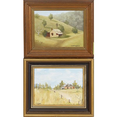 2 X Small Oil Paintings On Board of Houses in The Bush. A Mitchener 14 X 19cm and L Skipper 14 X 19cm