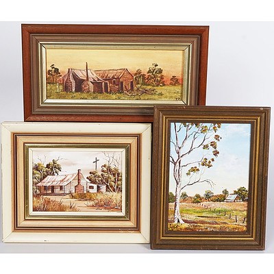 3 X Oil Paintings On Board of Houses in The Bush, 19 X 14cm; 11 X 16cm; and 9 X 24cm