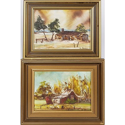  'Autumn in Canberra' - Helen Jones, 1975, Oil On Board; and 'The Old Mountain Hut' - Helen Jones, 1975, Oil On Board