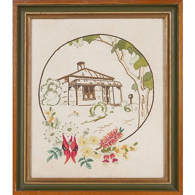  'Cottage with Australian Wildflowers', Embroidery Framed Under Glass