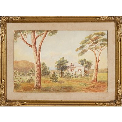  'Country Cottage with Gum Trees and Cattle', Watercolour Framed Under Glass