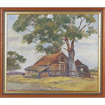  'Shearing Shed and Gum Trees', Oil On Board