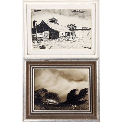  2 X 'Homestead in The Bush' - Jim Crofts (1922-), Pen and Ink and Acrylic