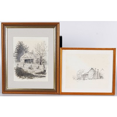  'Cottage At Hillgrove' - F Cooper 1977, Pencil On Paper and 'Randalls Bay Cottage - S Farrelly, Pencil/Charcoal. Both Framed Under Glass