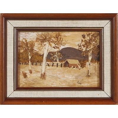  'Farm Shed with Gum Trees', Bark Picture Framed Under Glass