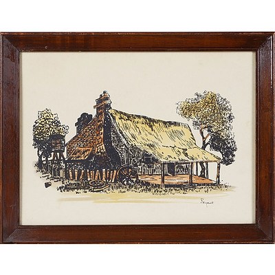  'Blundells Cottage, Canberra' - Mary Bryant 1946, Coloured Pen and ink Framed Under Glass
