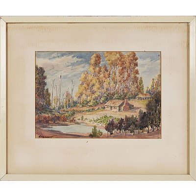  'Homestead in The Bush' - Stewart, Watercolour Framed Under Glass
