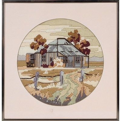  'Homestead', Wool Embroidery, Circular, Framed Under Glass