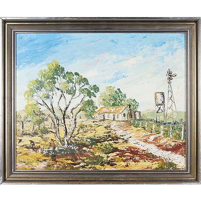  'Homestead with Windmill and Water Tank', Oil On Board