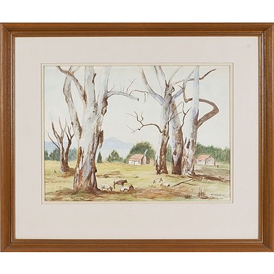  'Bush Scene' - E R Watson 1977, Watercolour Under Glass