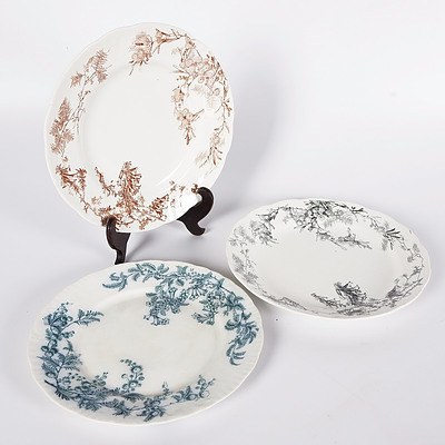 3 Wattle and Heath Plates: Black Doulton Made For Levy Bros; Brown Doulton Made For FG & Co; and Dark Blue Made For Burgess & Lee