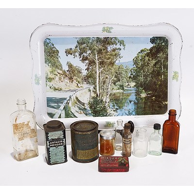 Willow Tray River Scene with 10 Assorted Medical Tins and Bottles
