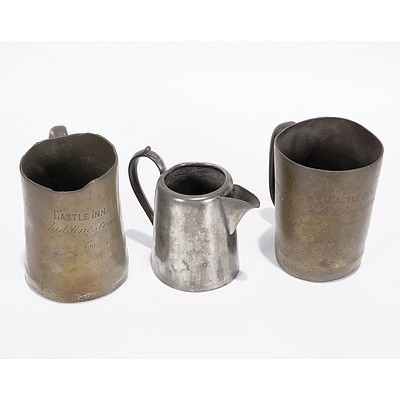 2 X Pewter Pint Mugs inscribed 'Castle Inn, Chiddingstone' and Silver Plate Jug