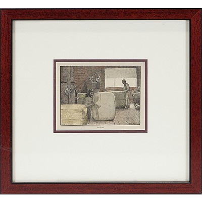  'Packing', Engraving of Wool Bales Being Sewn Up After Being Pressed in Wool Press