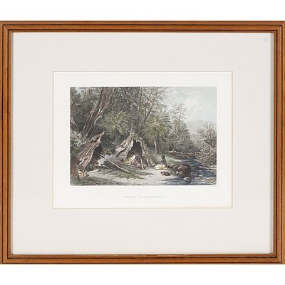  'Native Encampment' Hand Colour Tinted Steel Engraving By C Cousen After S Prout's Sketch Published in 'Australia Illustrated' 1874 By Virtue & Co, London