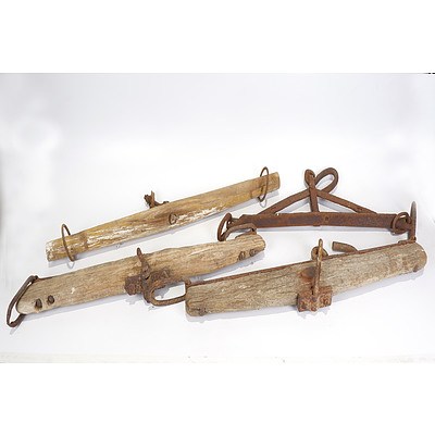 Late Addition - 4 x Swingle Trees, 1 of Steel and 3 of Wood, including One with 'Sunshine Harvester Works' Cast Iron Makers Plate