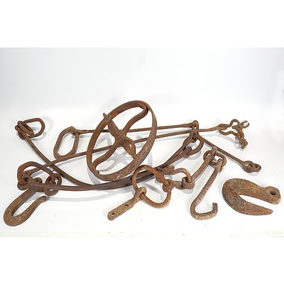 Late Addition - Assorted Blacksmith Made Bullocks Chains etc and Blacksmith Made Steel Wheel from Wheelbarrow