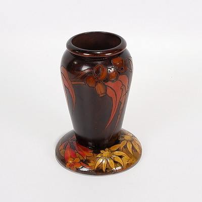 Pokerwork Vase/Spill Holder with Gum Nuts and Leaves and Pokerwork Pin Tray with Flannel Flowers and Christmas Bells