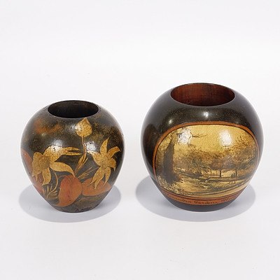 Two Pokerwork Vase/Spill Holders, One with Flannel Flowers & Gum Leaves and One Scene of Alexandra Gardens, Melb Signed V Greig Early 20C