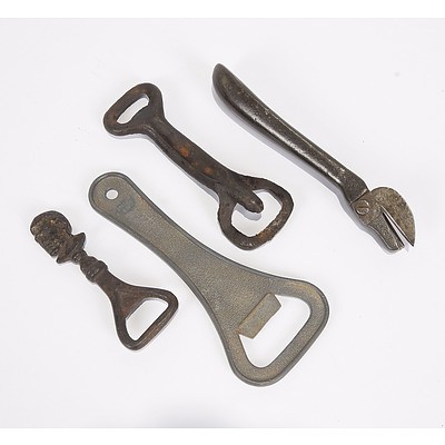 Cast Iron Tin Opener; Two Cast Iron Bottle Openers and Large Bottle Opener