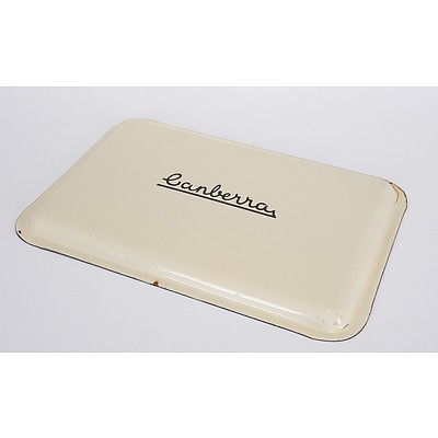 Enamelled Oven Door Insert. Imprinted 'Canberra'