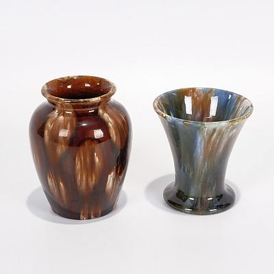 Two Small Royal Mashman Vases: One Brown and Cream Drip Glaze and One with Brown and Blue Drip Glaze