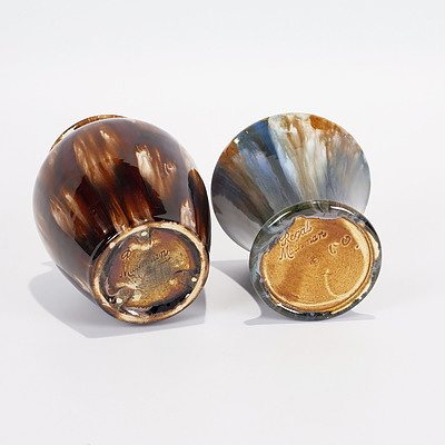 Two Small Royal Mashman Vases: One Brown and Cream Drip Glaze and One with Brown and Blue Drip Glaze