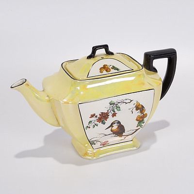 Lustreware Teapot with Kookaburra and Wattle and Christmas Bush Decoration, Black Handles. Lancaster & Sons, Hanley, England 1906-30