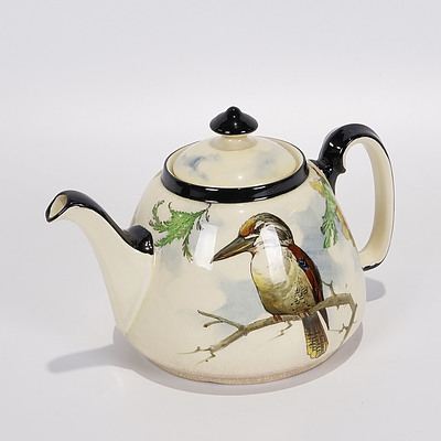 Rare Royal Doulton Kookaburra and Wattle Teapot with Black Handle and Trim, Pattern D4206 (C.1925)