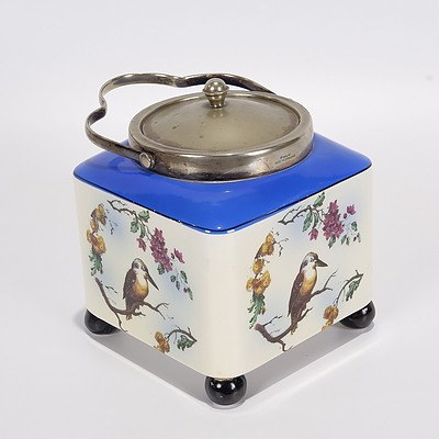 Biscuit Barrel with Kookaburra, Wattle and Christmas Bush Decoration, EPNS Lid and Handle, Lancaster & Sons, Hanley, England 1906-30